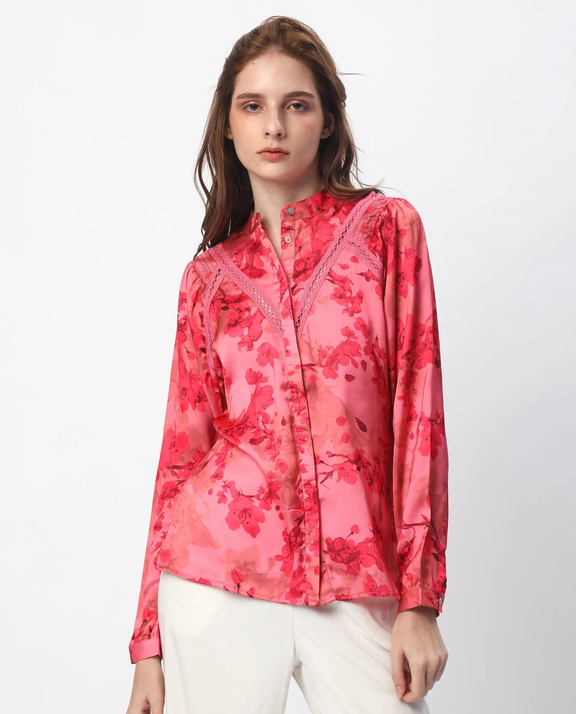 Rareism Women Gelbs Pink Polyester Fabric Full Sleeves Button Closure Mandarin Collar Regular Fit Floral Print Knee Length Top