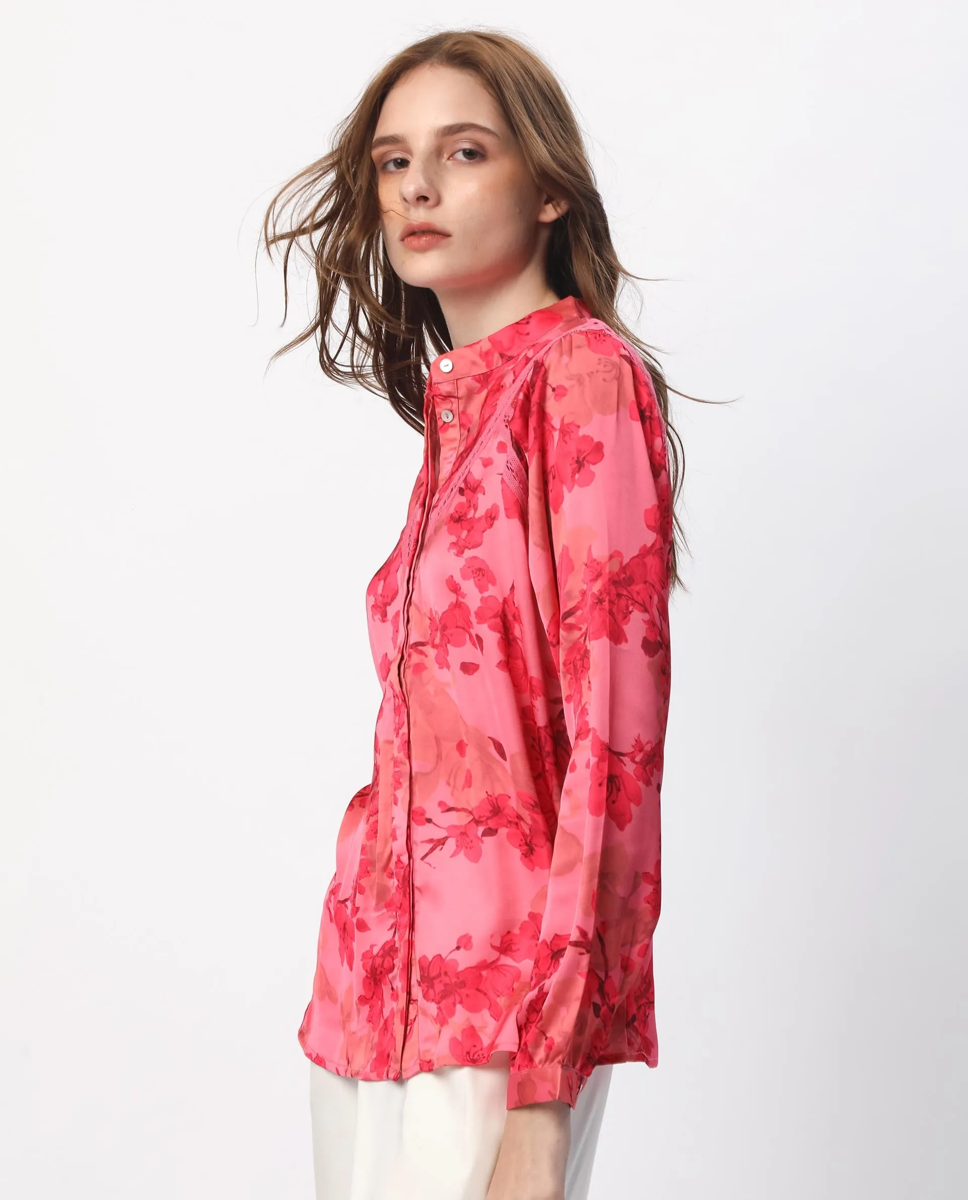 Rareism Women Gelbs Pink Polyester Fabric Full Sleeves Button Closure Mandarin Collar Regular Fit Floral Print Knee Length Top