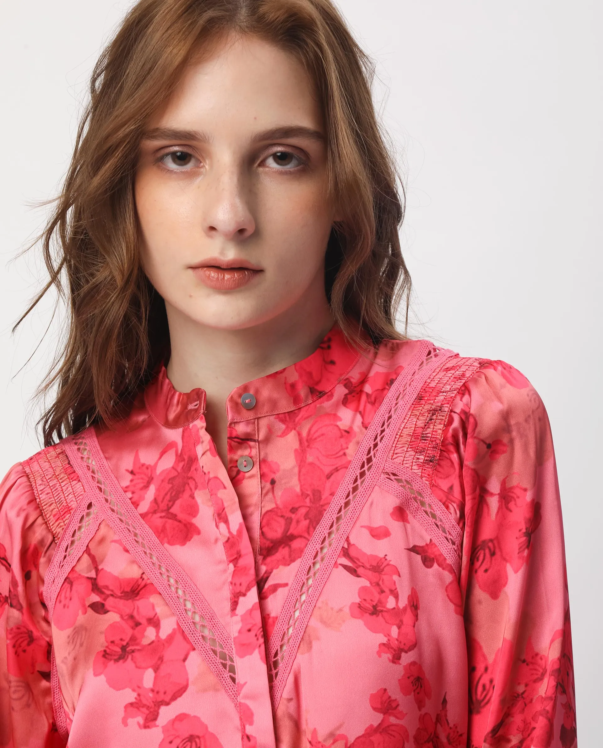 Rareism Women Gelbs Pink Polyester Fabric Full Sleeves Button Closure Mandarin Collar Regular Fit Floral Print Knee Length Top