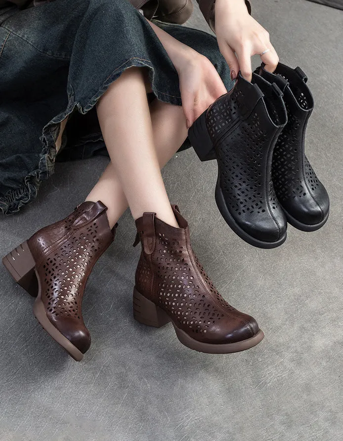 Retro Leather Hollow CHunky Heel Boots for Women