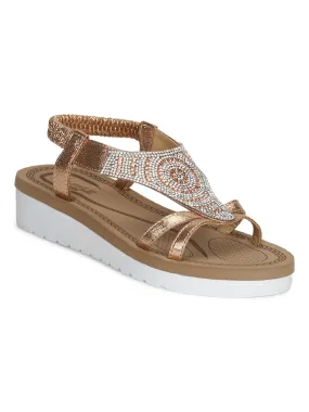 Rose Gold Met Diamante Double Strap Platform Slip-On Sandals