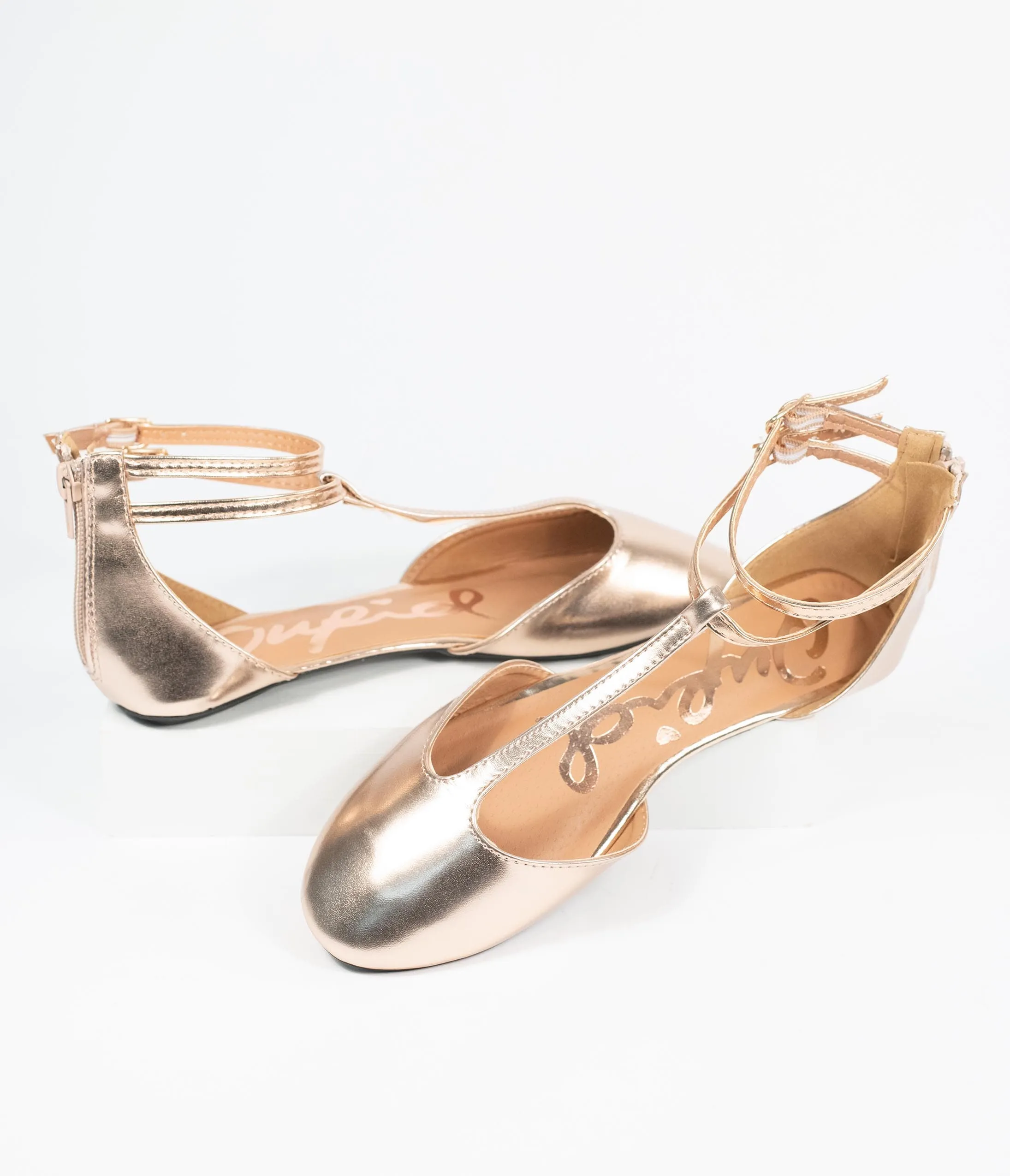 Rose Gold Patent Leatherette Bee T-Strap Flats