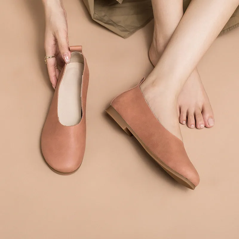 Soft Leather Flat Slip on Loafers for Women Handmade Green/Light Apricot/Brown/Blue/Pink/Coffee