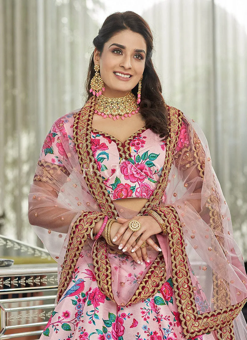 Soft Pink Digital print Embroidery Silk Lehenga Choli