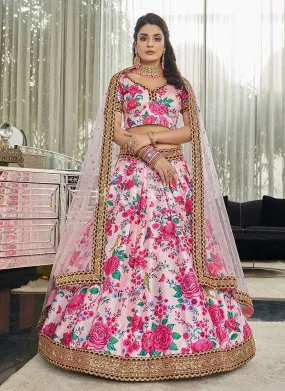 Soft Pink Digital print Embroidery Silk Lehenga Choli