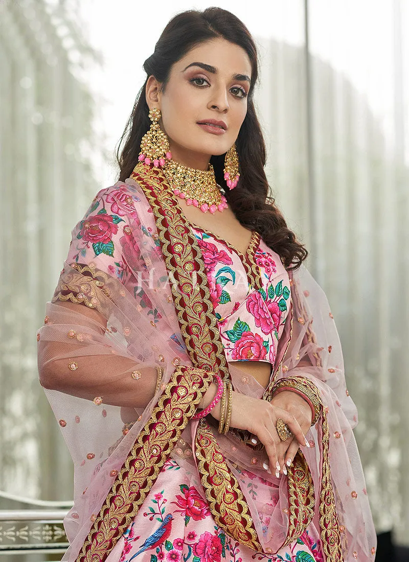 Soft Pink Digital print Embroidery Silk Lehenga Choli