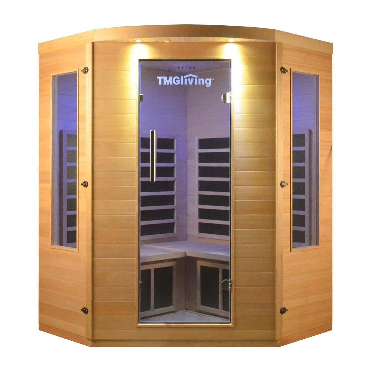 TMG LIVING 3 Person Corner Indoor FAR Infrared Sauna Room, Natural Canadian Hemlock, Bluetooth Speakers, Tempered Glass Door, TMG-LSN40