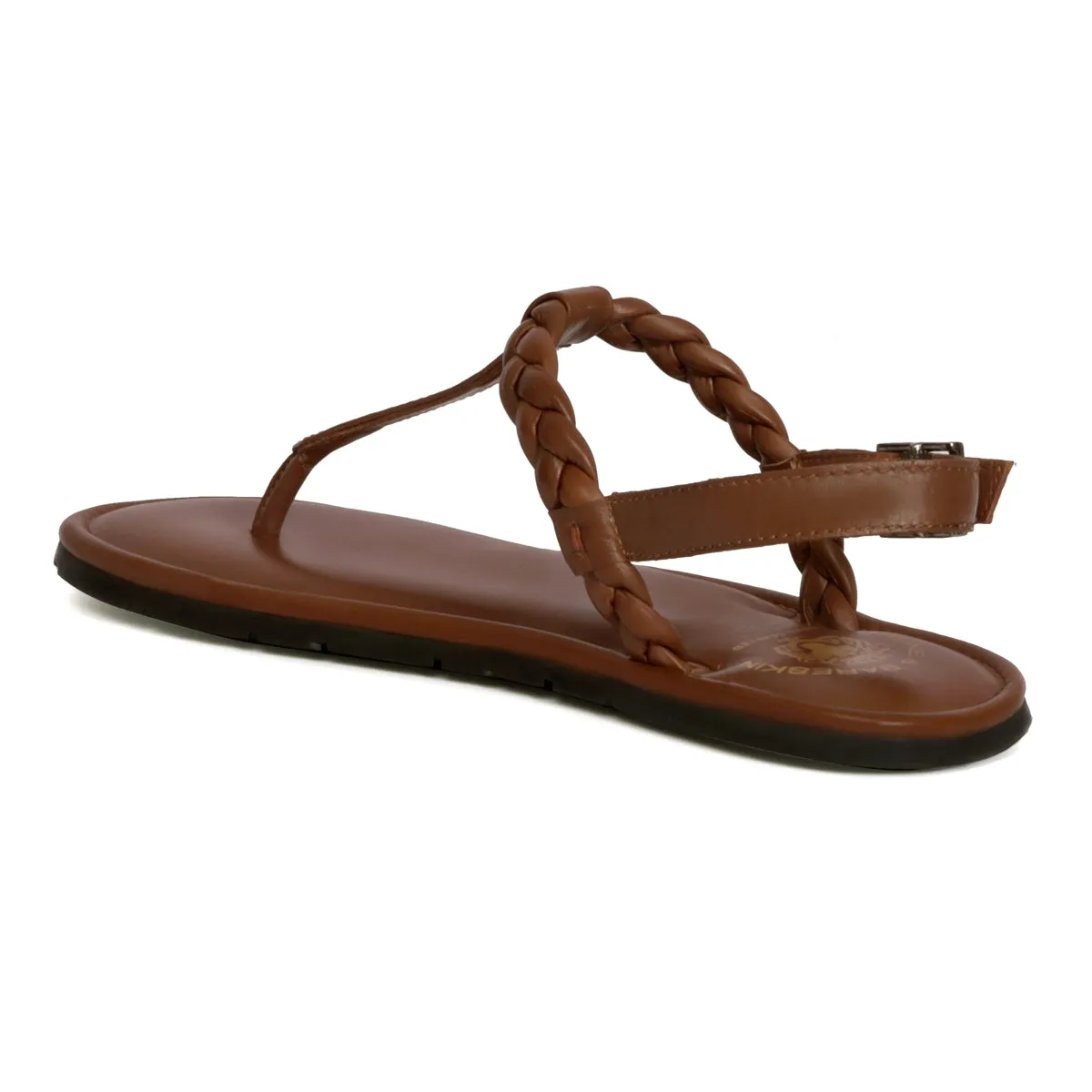 Weaved Loop T-Strap Gunmetal Buckled Dark Brown Genuine Leather Ladies Sandal by Brune & Bareskin