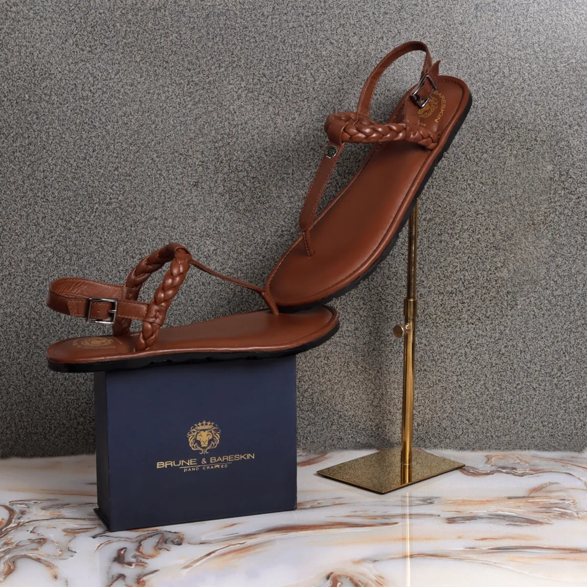 Weaved Loop T-Strap Gunmetal Buckled Dark Brown Genuine Leather Ladies Sandal by Brune & Bareskin