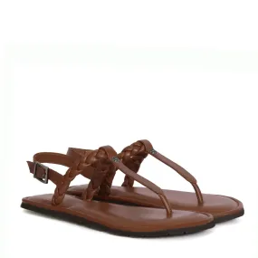 Weaved Loop T-Strap Gunmetal Buckled Dark Brown Genuine Leather Ladies Sandal by Brune & Bareskin