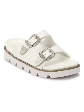 White PU Double Buckle Strap Cleated Slip-On Flats