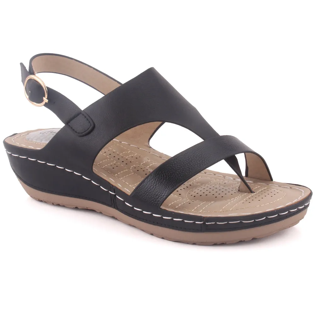 Women "ITZEL" Toe Loop Open Toe Metallic Buckle Glossy Comfort Wedge Sandals