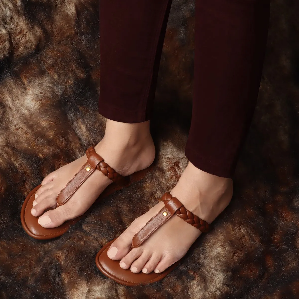 Women's Tan Knotted T-Strap Slippers By Brune & Bareskin