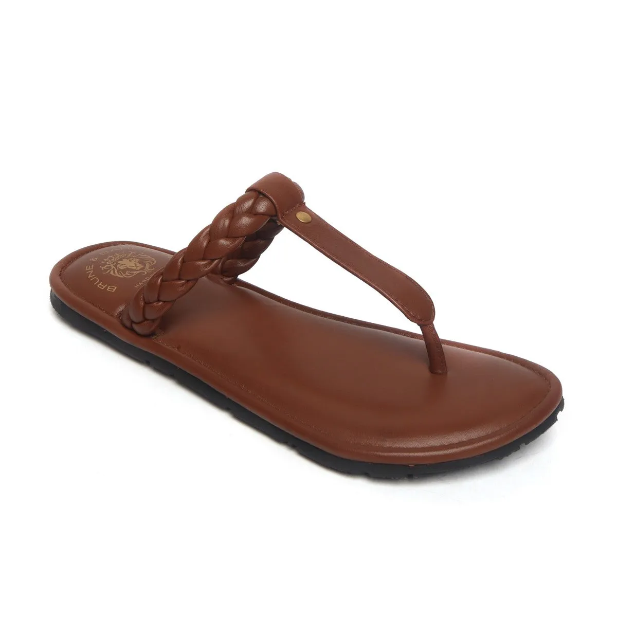 Women's Tan Knotted T-Strap Slippers By Brune & Bareskin