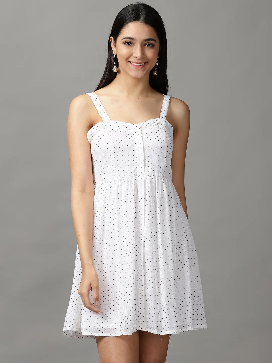 Women's White Polka Dots Fit and Flare Dress