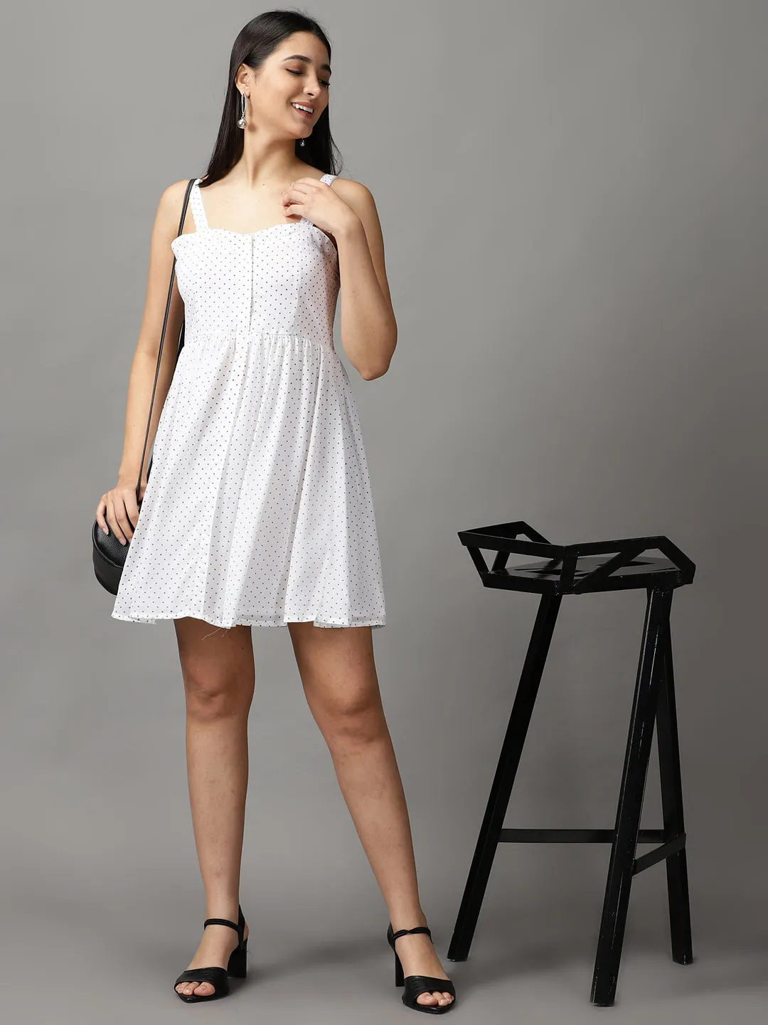 Women's White Polka Dots Fit and Flare Dress