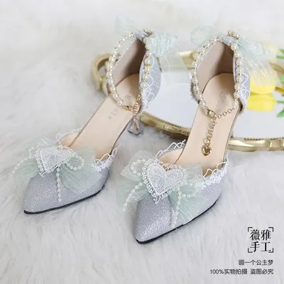 xiangtuibao Kawaii Girl Tea Party Elegant Pearl Love Lace Bowknot Lolita Shoes Multicolor Exquisite Embroidery Pointed Sandals Cosplay Lolit