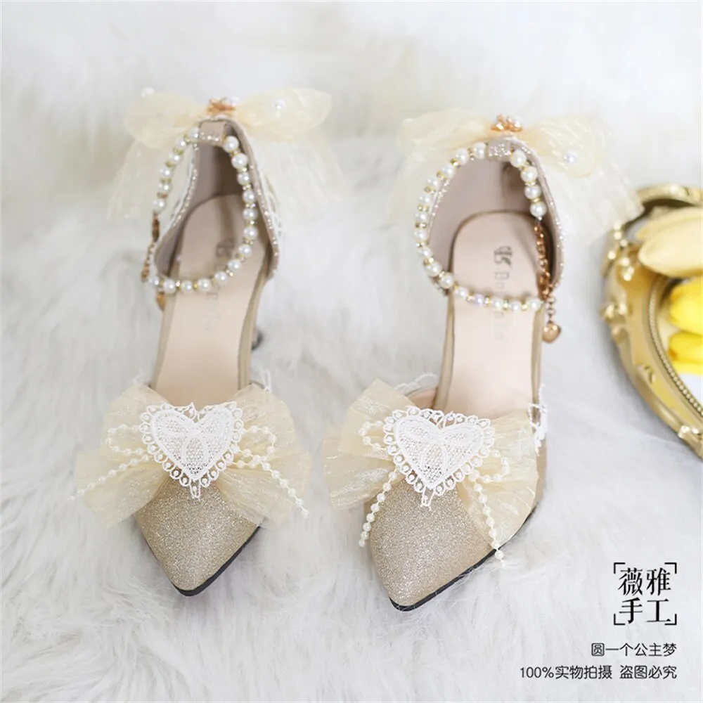 xiangtuibao Kawaii Girl Tea Party Elegant Pearl Love Lace Bowknot Lolita Shoes Multicolor Exquisite Embroidery Pointed Sandals Cosplay Lolit